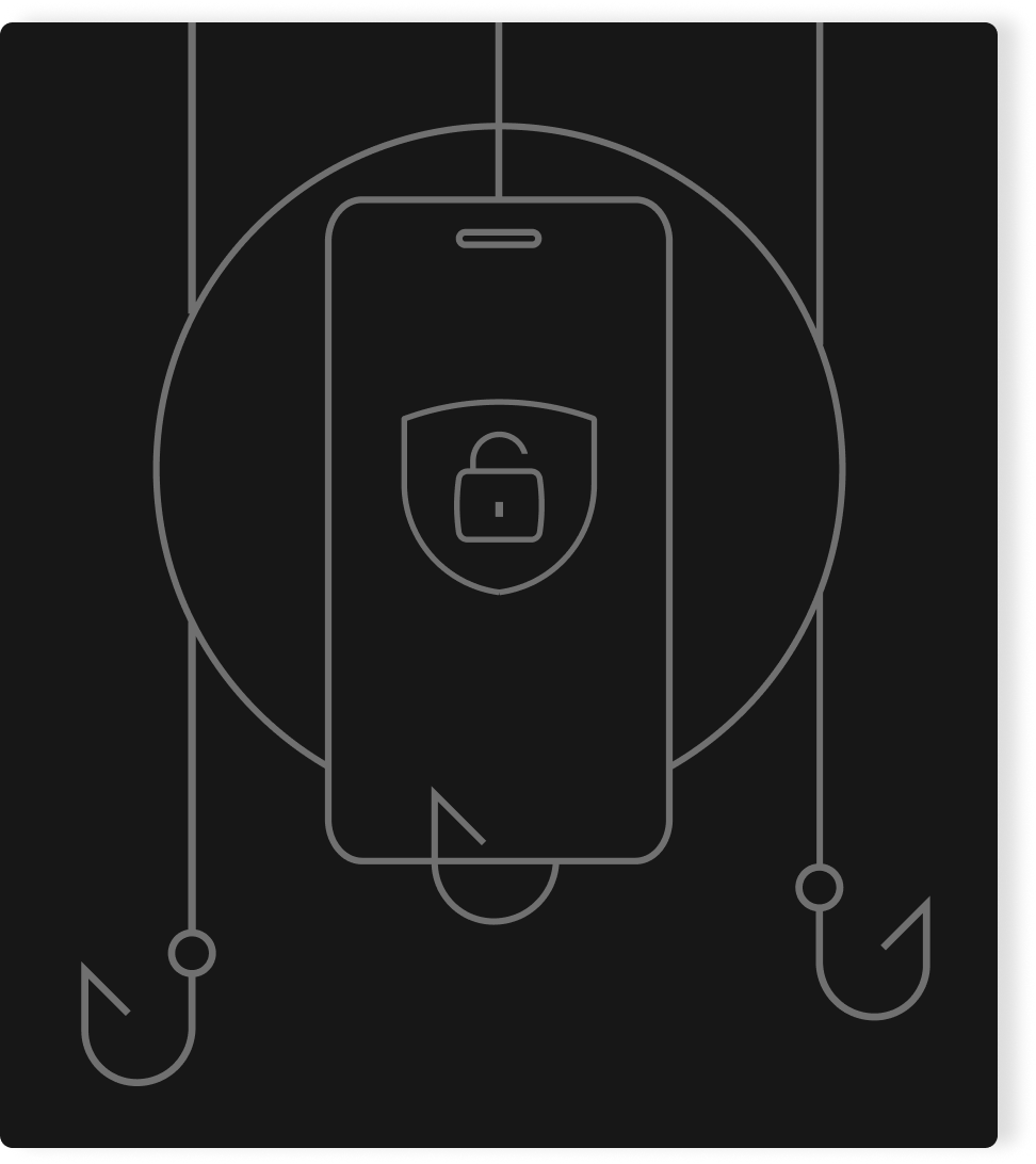 Celular com um escudo e um cadeado na tela, cercado por anzóis suspensos.